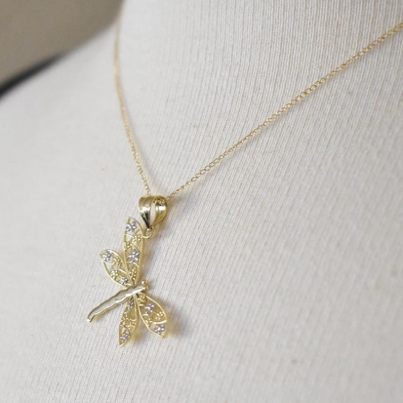 🆕 14k Solid Yellow/White Gold Dragonfly Pendant Diamond Cut - Picture 4 of 13